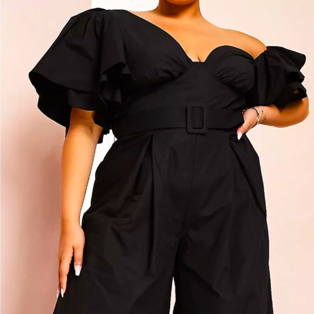 ASOS LUXE Curve off-shoulder belted poplin jumpsuit in black